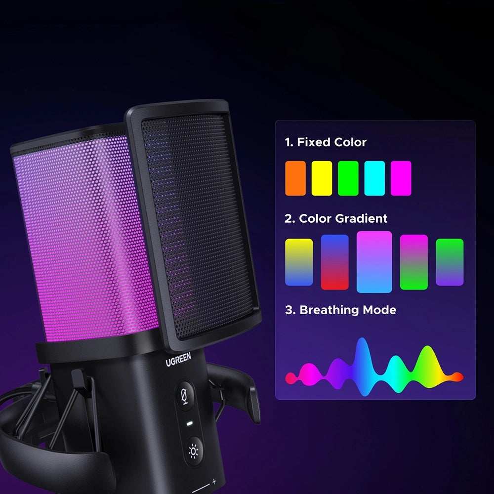 Mikrofon Cardioid UGREEN CM581 (65629), RGB, USB-C, 1.5m, Černý