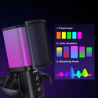 Mikrofon Cardioid UGREEN CM581 (65629), RGB, USB-C, 1.5m, Černý