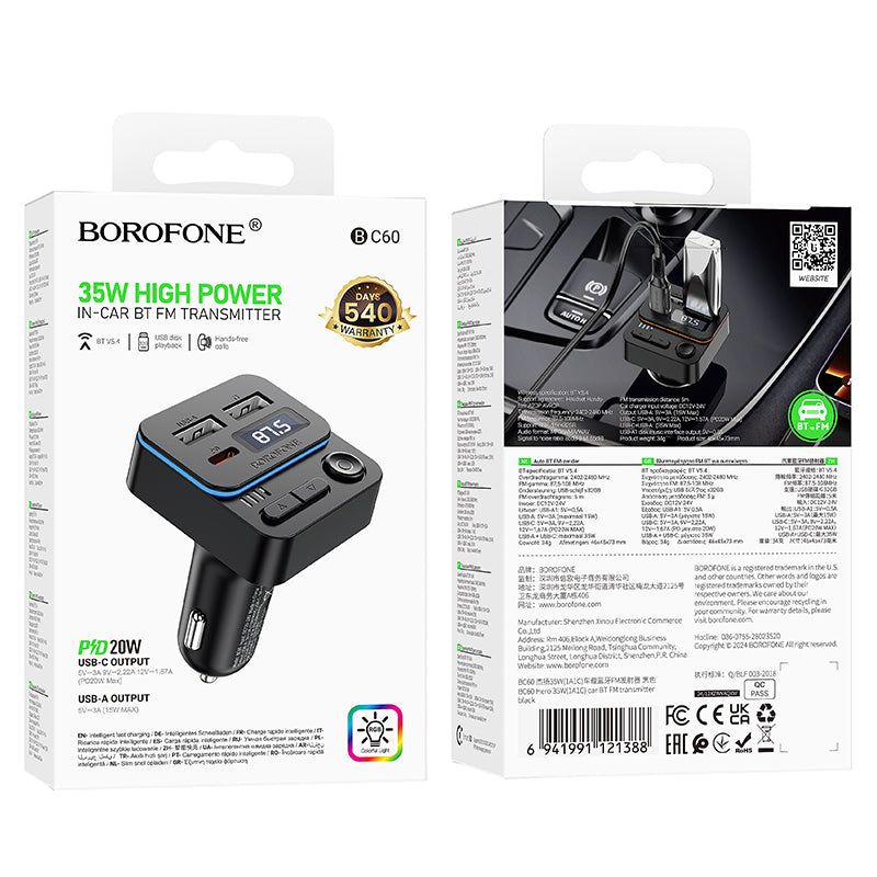 FM Bluetooth modulátor Borofone BC60 Hero, 2 x USB-A - 1 x USB-C