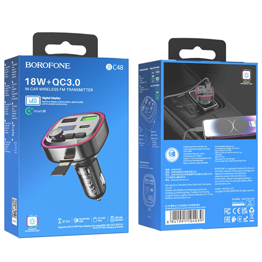 FM Bluetooth modulátor Borofone BC48, 2 x USB-A - 1 x USB-C