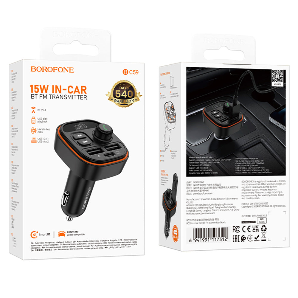 FM Bluetooth modulátor Borofone BC59 Heroic, 2 x USB-A - 1 x USB-C