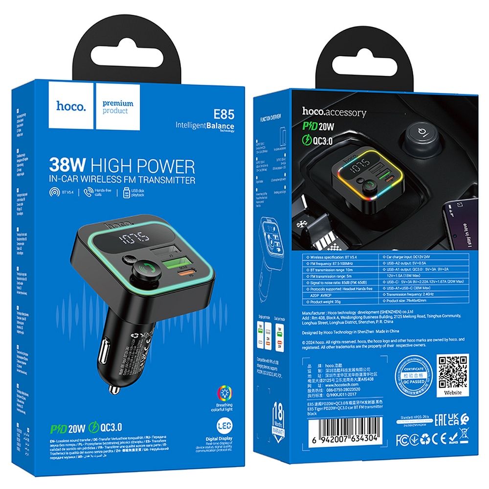 FM Bluetooth modulátor HOCO E85, 2 x USB-A - 1 x USB-C