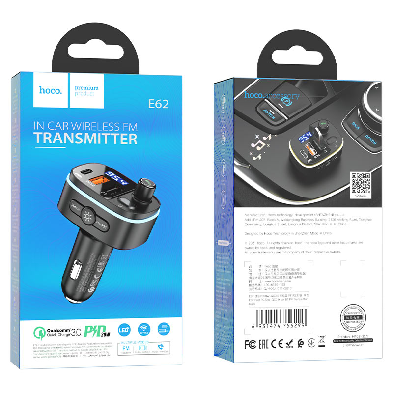 Modulátor FM Bluetooth HOCO E62 Fast, 2 x USB-A - 1 x USB-C