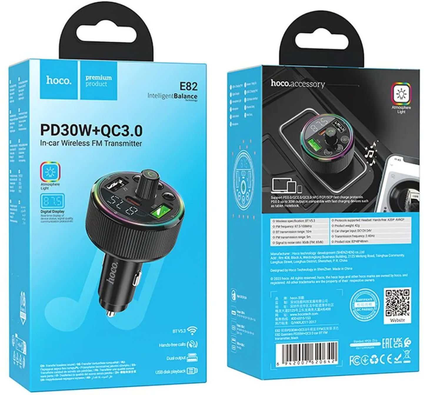 FM modulátor Bluetooth HOCO E82, 2 x USB-A - 1 x USB-C