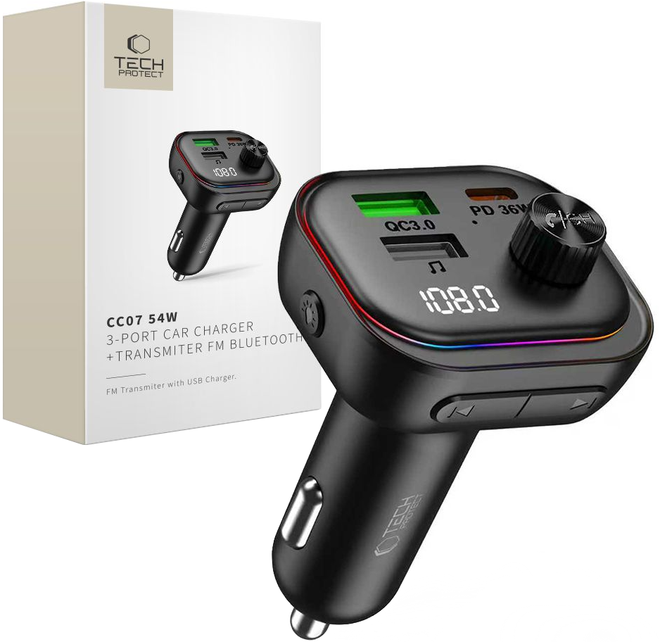 FM Bluetooth modulátor Tech-Protect CC07, 2 x USB-A - 1 x USB-C