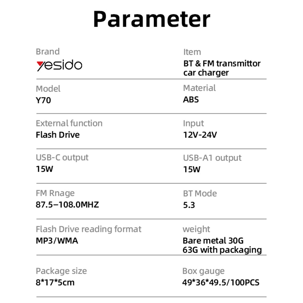 FM modulátor Bluetooth Yesido Y70, 2 x USB-A - 1 x USB-C