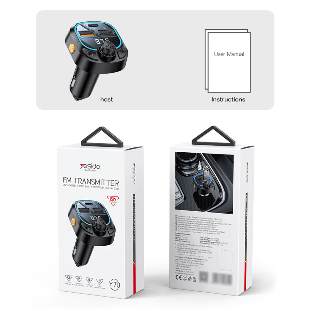 FM modulátor Bluetooth Yesido Y70, 2 x USB-A - 1 x USB-C
