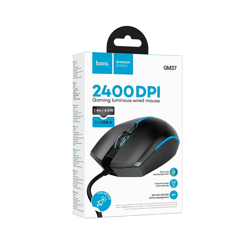 Drátová herní myš USB HOCO GM37, RGB, 2400DPI, černá