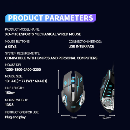 Wired USB Gaming Mouse XO Design M10, RGB, 3200DPI, Black