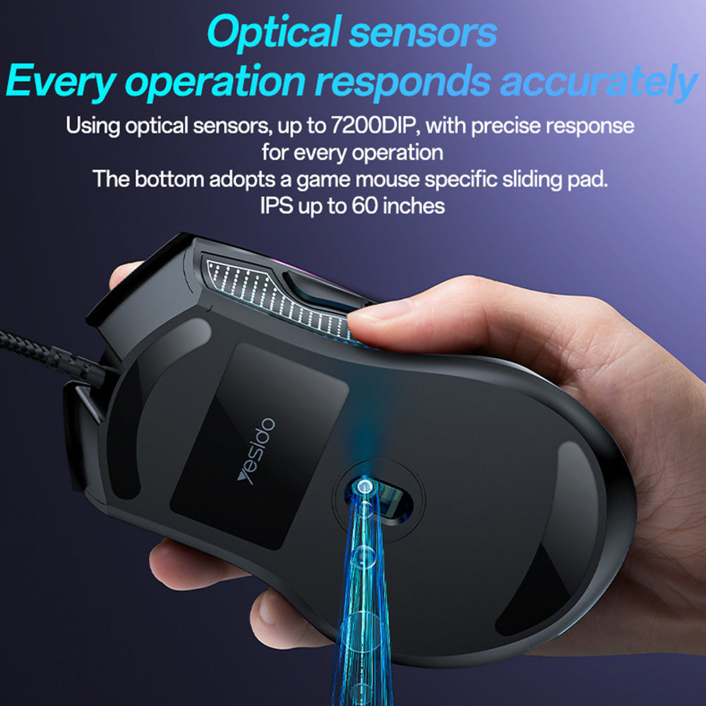 Herní myš Yesido KB20 s kabelem USB, RGB, 1000DPI - 7200DPI, černá
