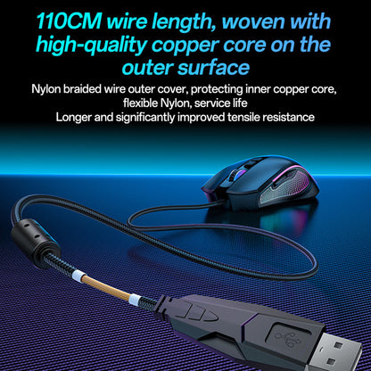 Herní myš Yesido KB20 s kabelem USB, RGB, 1000DPI - 7200DPI, černá