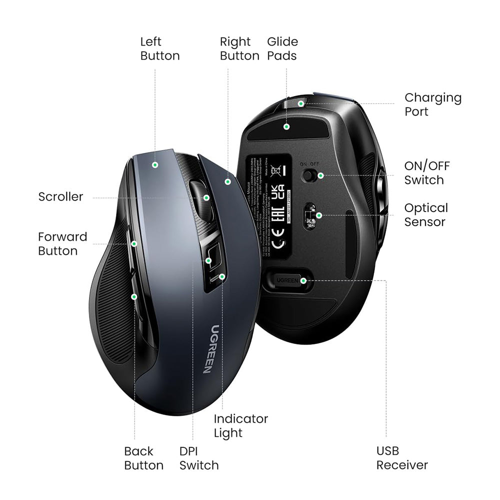 Bezdrátová myš UGREEN MU006S (85082), 4000DPI, BT / Wi-Fi, šedá