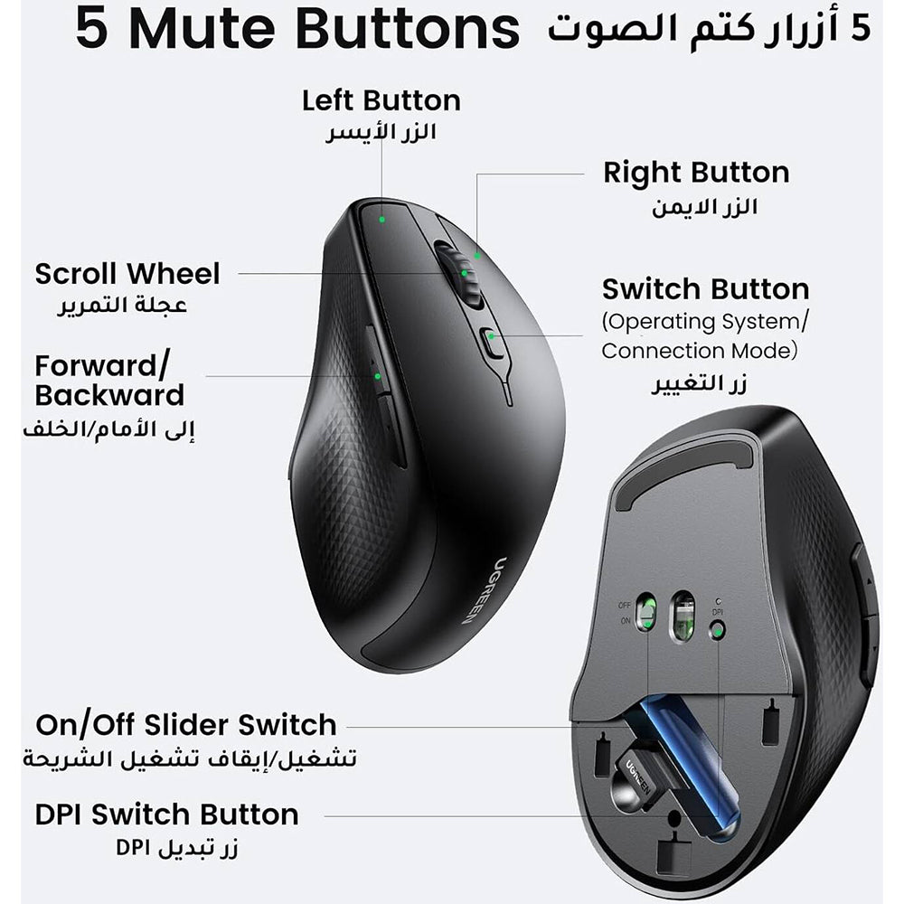 Bezdrátová myš UGREEN MU101, 4000DPI, BT / Wi-Fi, černá