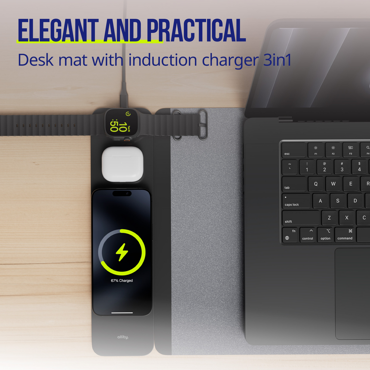 MousePad Allity. ALP-100 4v1 s bezdrátovým nabíjením Telefon / Hodinky / Sluchátka, Černý