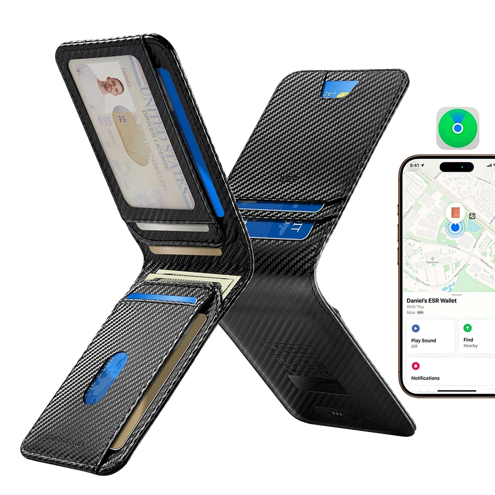Peněženka ESR Classic Geo Carbon s funkcí Find My a ochranou RFID, černá, znovu zapečetěná