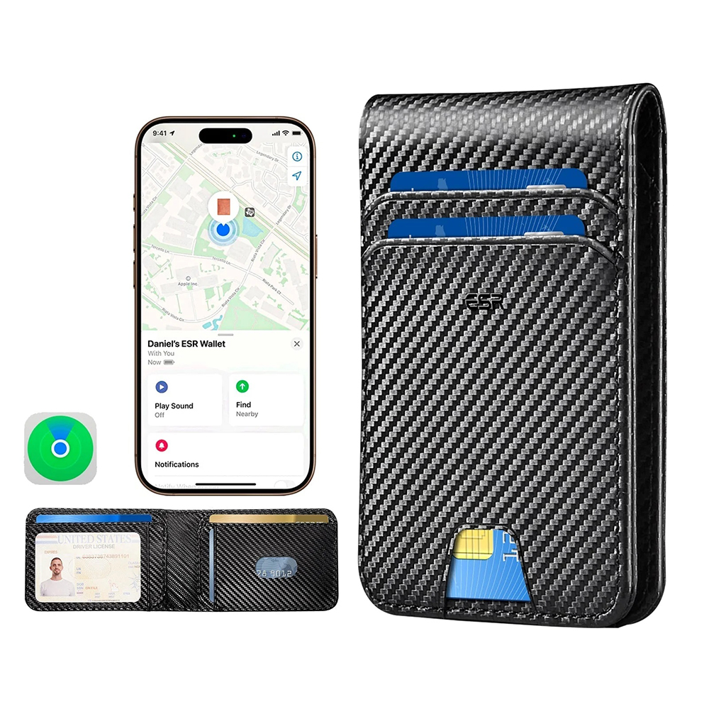 Peněženka ESR Classic Geo Carbon s funkcí Find My a ochranou RFID, černá, znovu zapečetěná
