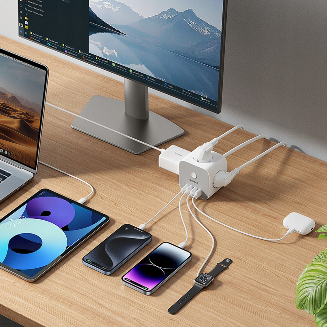 Předlžovací kabel Baseus PowerCombo 7v1, 20W, 3A, 3 x USB-A - 1 x USB-C - 3 x Schuko, Bílý E00066401213-00