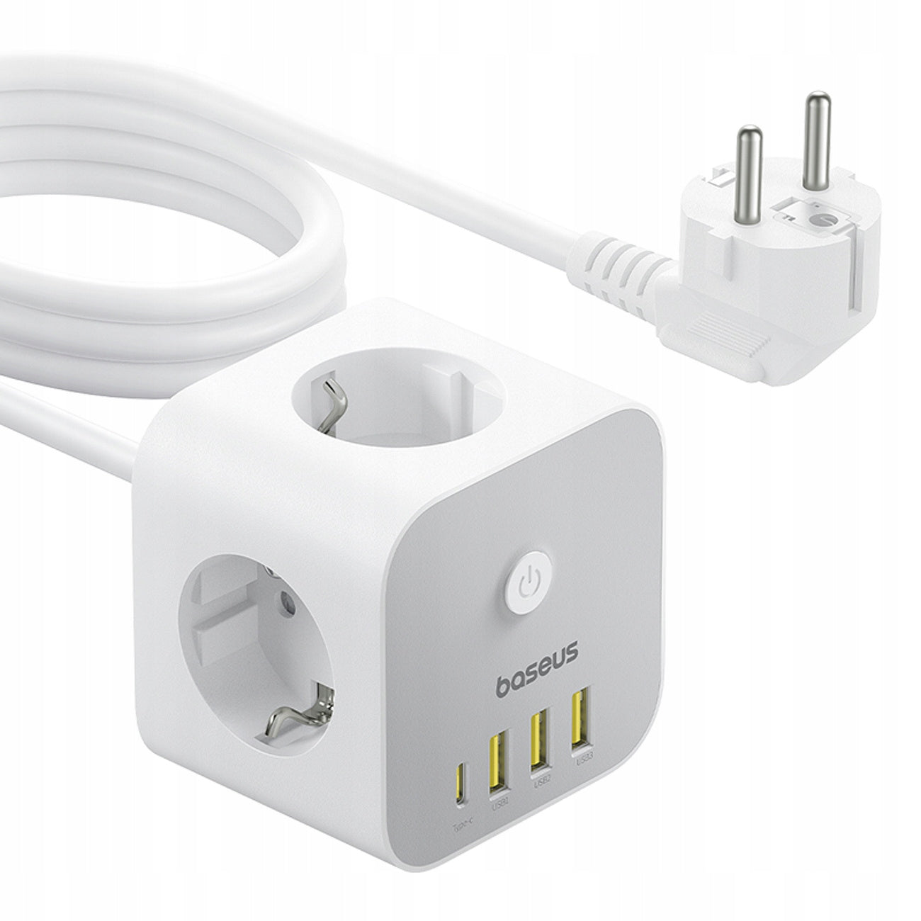 Předlžovací kabel Baseus PowerCombo 7v1, 20W, 3A, 3 x USB-A - 1 x USB-C - 3 x Schuko, Bílý E00066401213-00