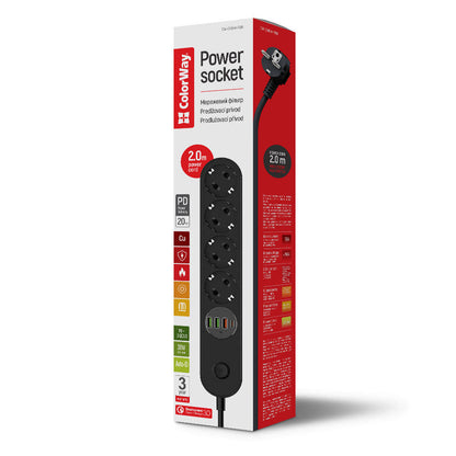 Prodlužovací kabel ColorWay, 4 x Schuko, Černý