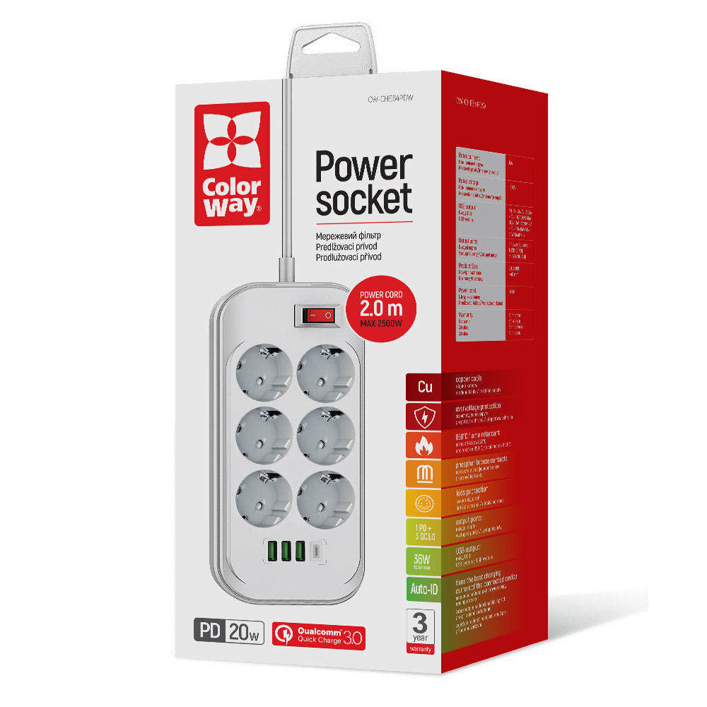 Prodlužovací kabel ColorWay, 6 x Schuko, Bílý