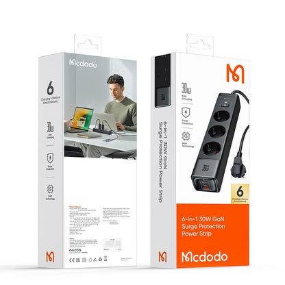 Prodlužovací kabel McDodo CH-0620, 3 x Schuko - 1 x USB-A - 2 x USB-C, černý