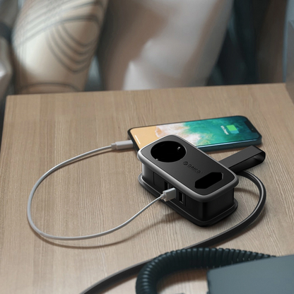 Prodlužovací kabel Orico APP, 1 x Schuko - 1 x zásuvka - 2 x USB-A - 1 x USB-C, černošedý