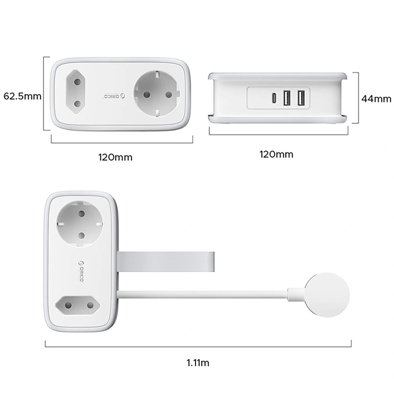 Prodlužovací kabel Orico APP, 1 x Schuko - 1 x zásuvka - 2 x USB-A - 1 x USB-C, bílá šedá