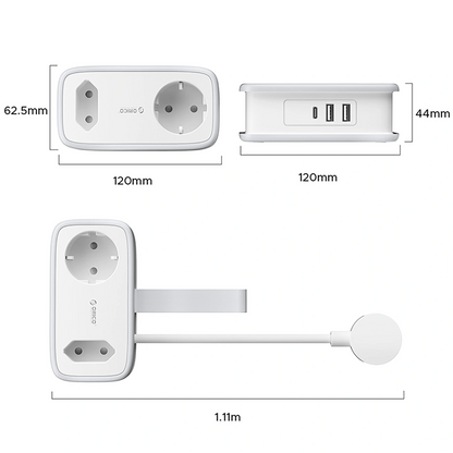 Prodlužovací kabel Orico APP, 1 x Schuko - 1 x zásuvka - 2 x USB-A - 1 x USB-C, bílá šedá