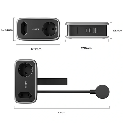 Prodlužovací kabel Orico APP, 1 x Schuko - 1 x zásuvka - 2 x USB-A - 1 x USB-C, černošedý