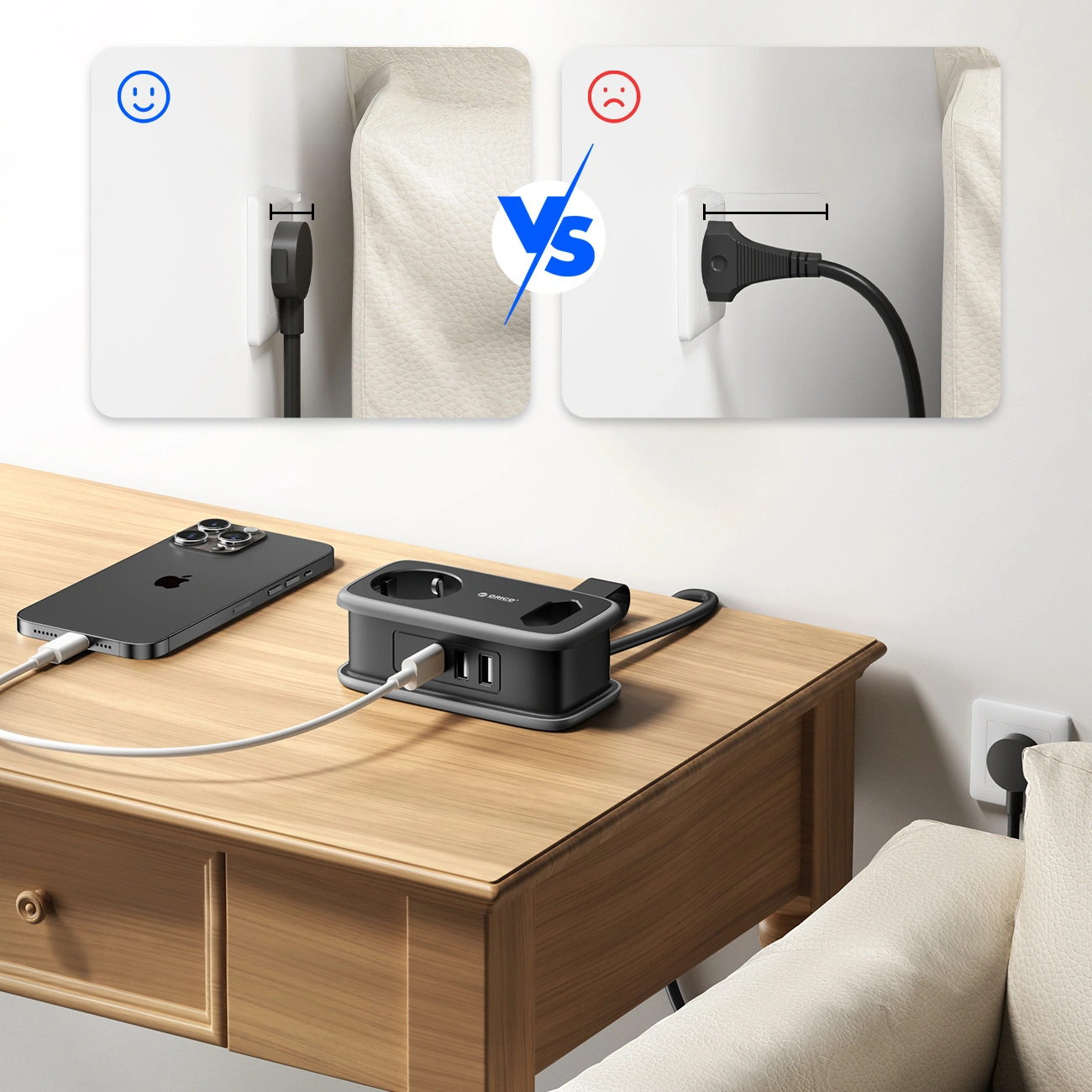 Prodlužovací kabel Orico APP, 1 x Schuko - 1 x zásuvka - 2 x USB-A - 1 x USB-C, černošedý