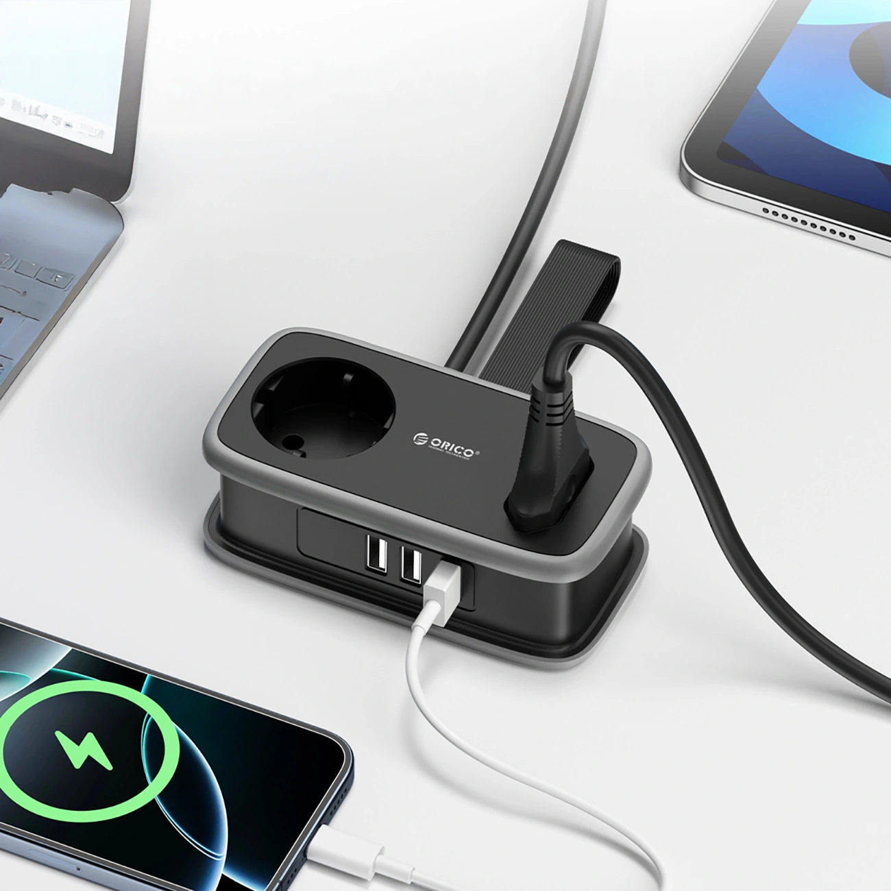Prodlužovací kabel Orico APP, 1 x Schuko - 1 x zásuvka - 2 x USB-A - 1 x USB-C, černošedý
