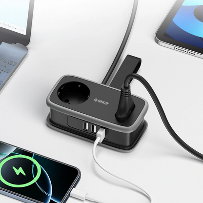 Prodlužovací kabel Orico APP, 1 x Schuko - 1 x zásuvka - 2 x USB-A - 1 x USB-C, černošedý