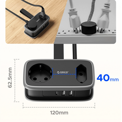 Prodlužovací kabel Orico APP, 1 x Schuko - 1 x zásuvka - 2 x USB-A - 1 x USB-C, černošedý