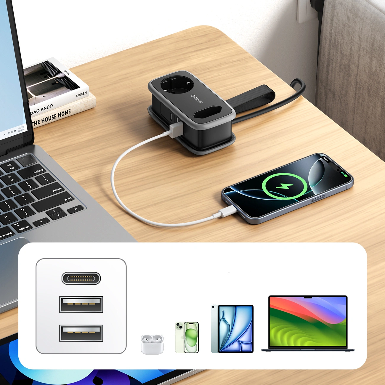 Prodlužovací kabel Orico APP, 1 x Schuko - 1 x zásuvka - 2 x USB-A - 1 x USB-C, černošedý