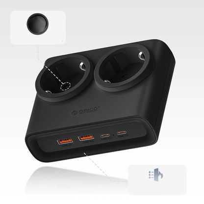 Prodlužovací kabel Orico PDC25, 2 x Schuko - 2 x USB-A - 2 x USB-C, černý