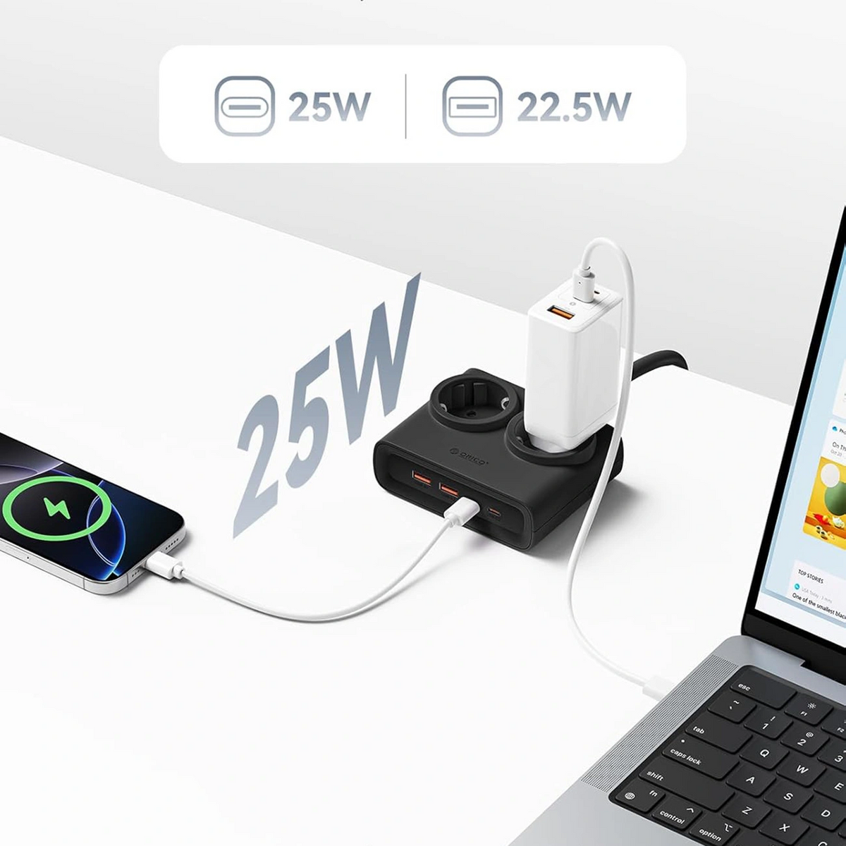 Prodlužovací kabel Orico PDC25, 2 x Schuko - 2 x USB-A - 2 x USB-C, černý