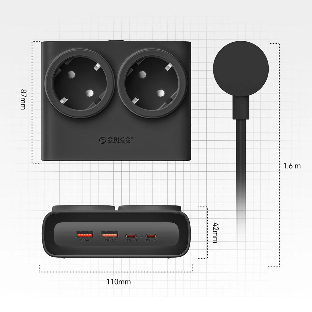 Prodlužovací kabel Orico PDC25, 2 x Schuko - 2 x USB-A - 2 x USB-C, černý