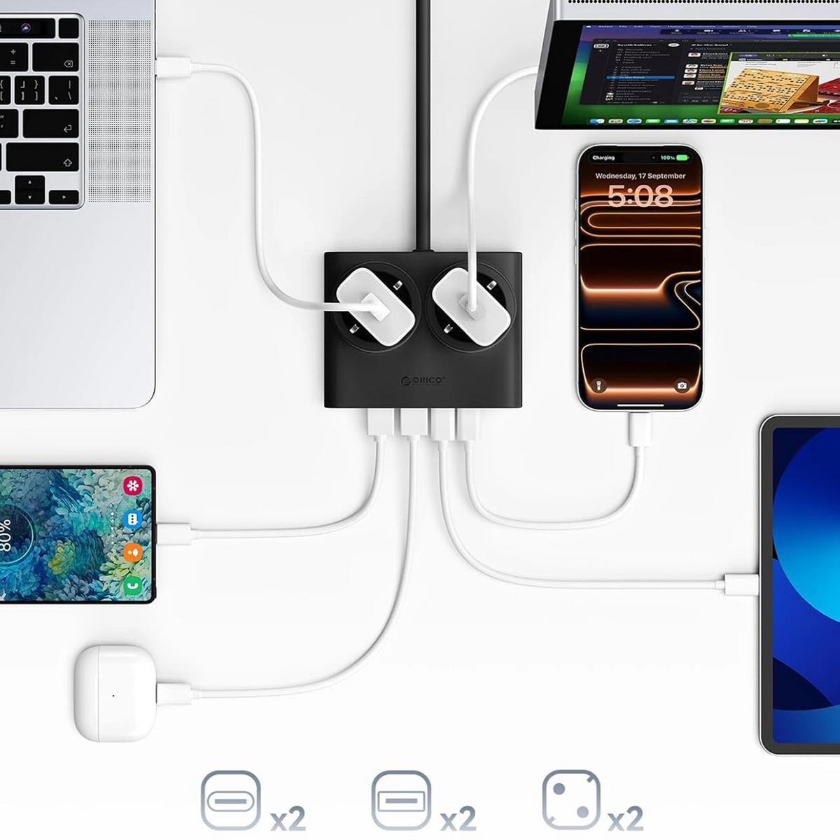 Prodlužovací kabel Orico PDC25, 2 x Schuko - 2 x USB-A - 2 x USB-C, černý