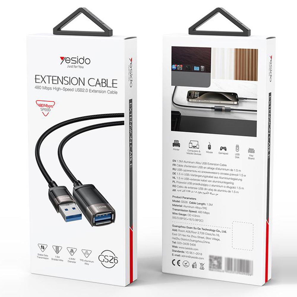 Prodlužovací kabel USB Yesido GS26, 1,5m, šedý