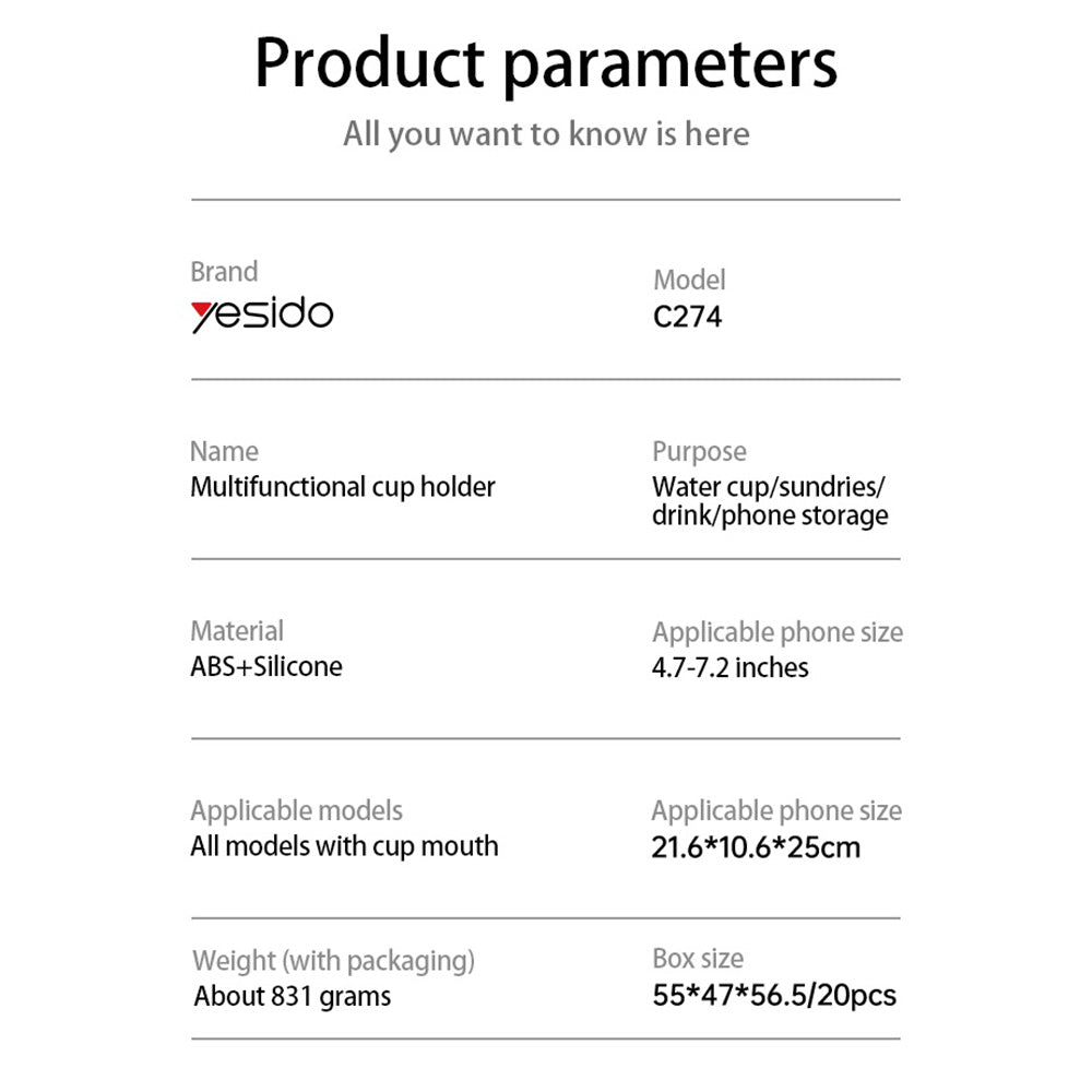 Auto držák Yesido C274, 4.7inch - 7.2inch, Černý