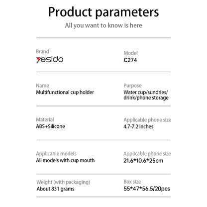 Auto držák Yesido C274, 4.7inch - 7.2inch, Černý