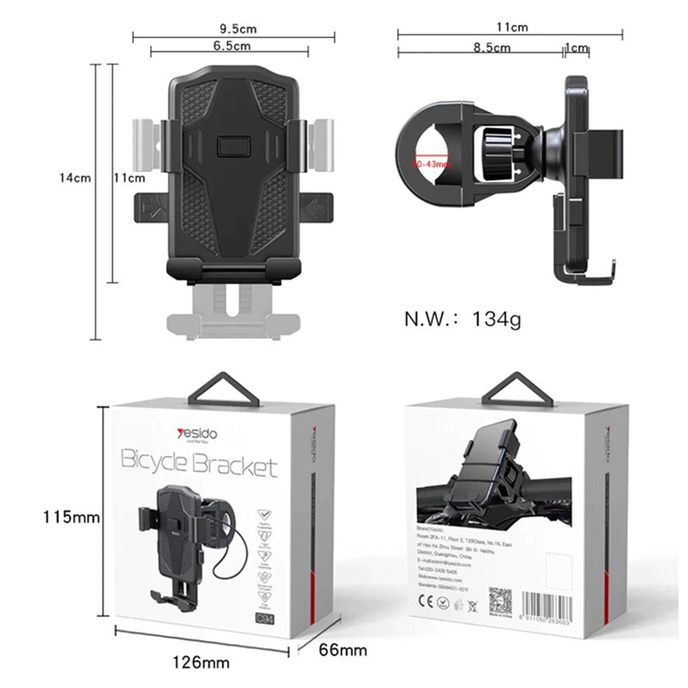 Držák na kolo Yesido C94, 4 palce - 6,5 palce, černý
