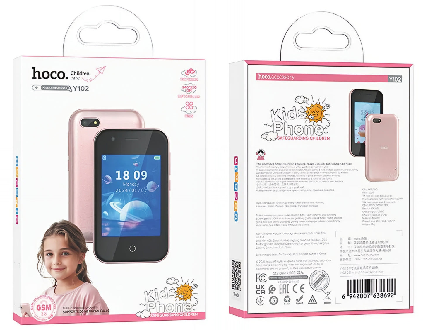 Mobilní telefon HOCO Y102 Kids, 2G, Displej 2.8 palce, Růžový