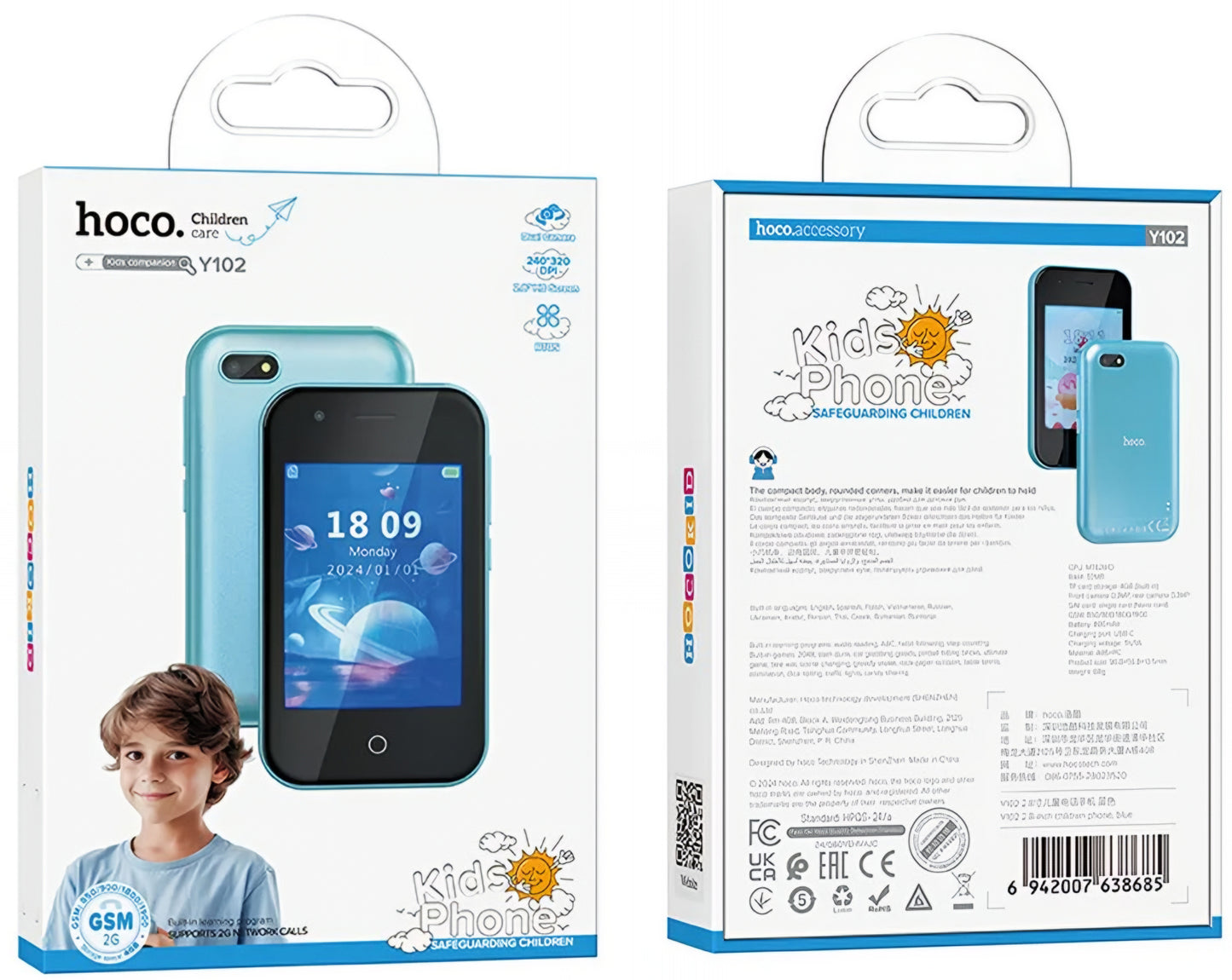 Mobilní telefon HOCO Y102 Kids, 2G, Displej 2.8 palce, Modrý